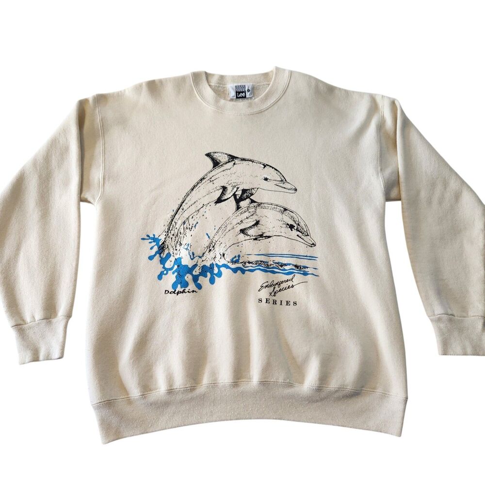 Vintage 90s Lee Dolphin Endangered Species Graphic Beige Sweatshirt Size XL